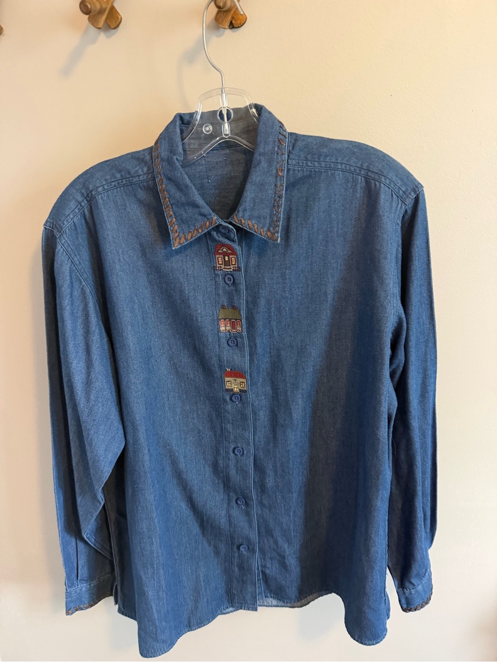 Vintage Embroidered House Chambray Denim Shirt Leather Whipstitch Collar Medium